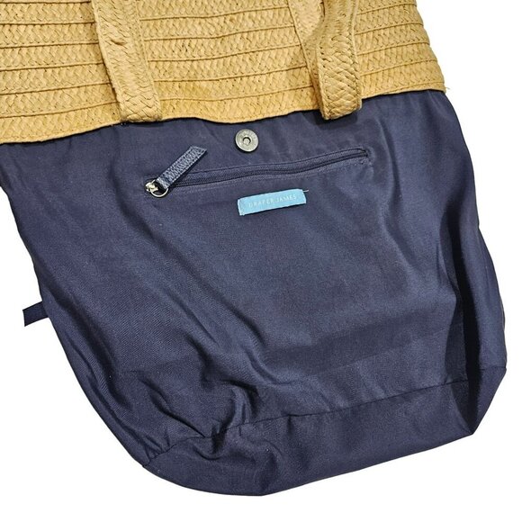 Draper James Woven Straw Tote Bag With Navy Floral Scarf Accent Interior Pockets - Picture 5 of 9